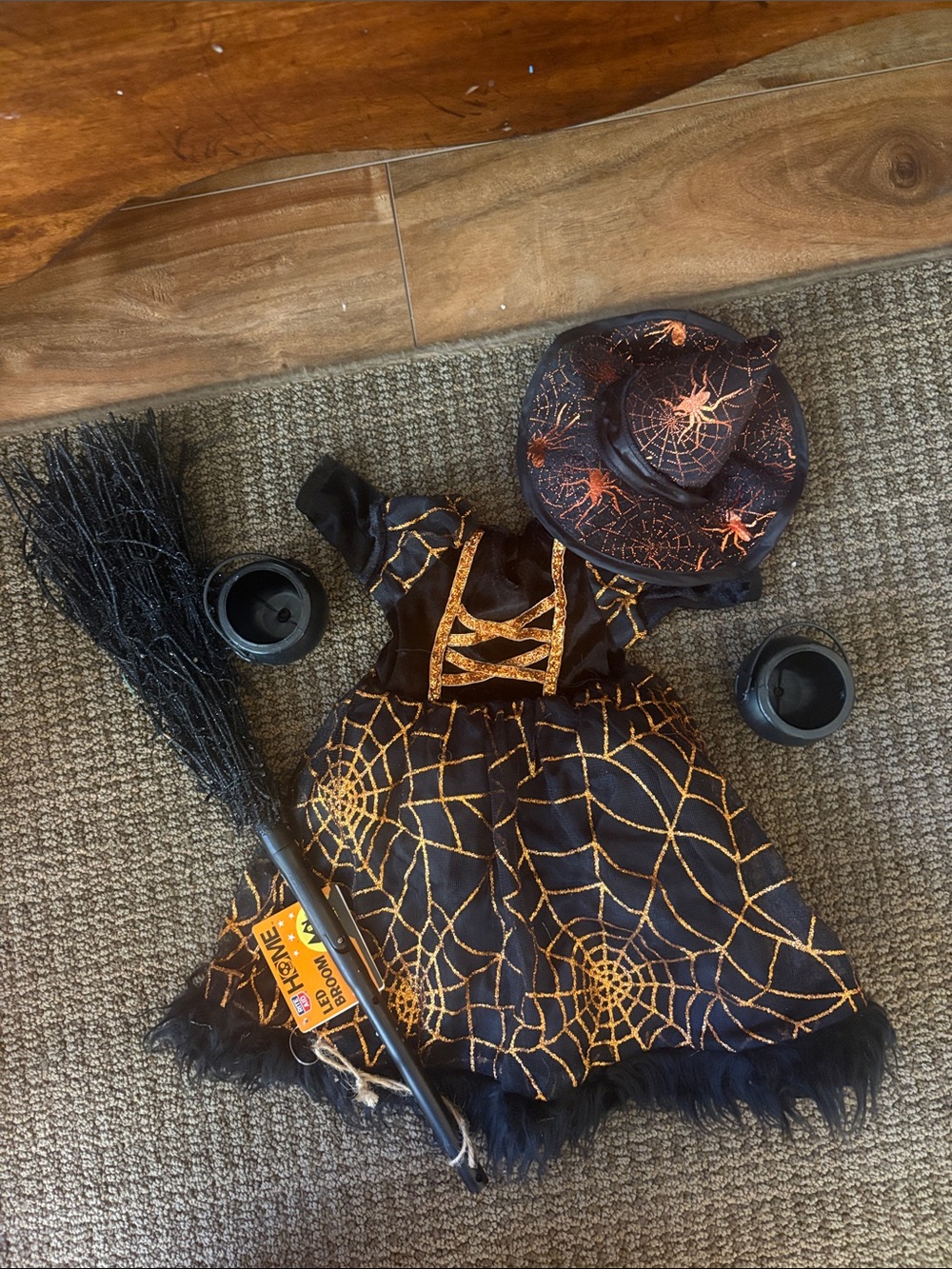 Kids Black and Orange Spiderweb Witch Costume with Hat